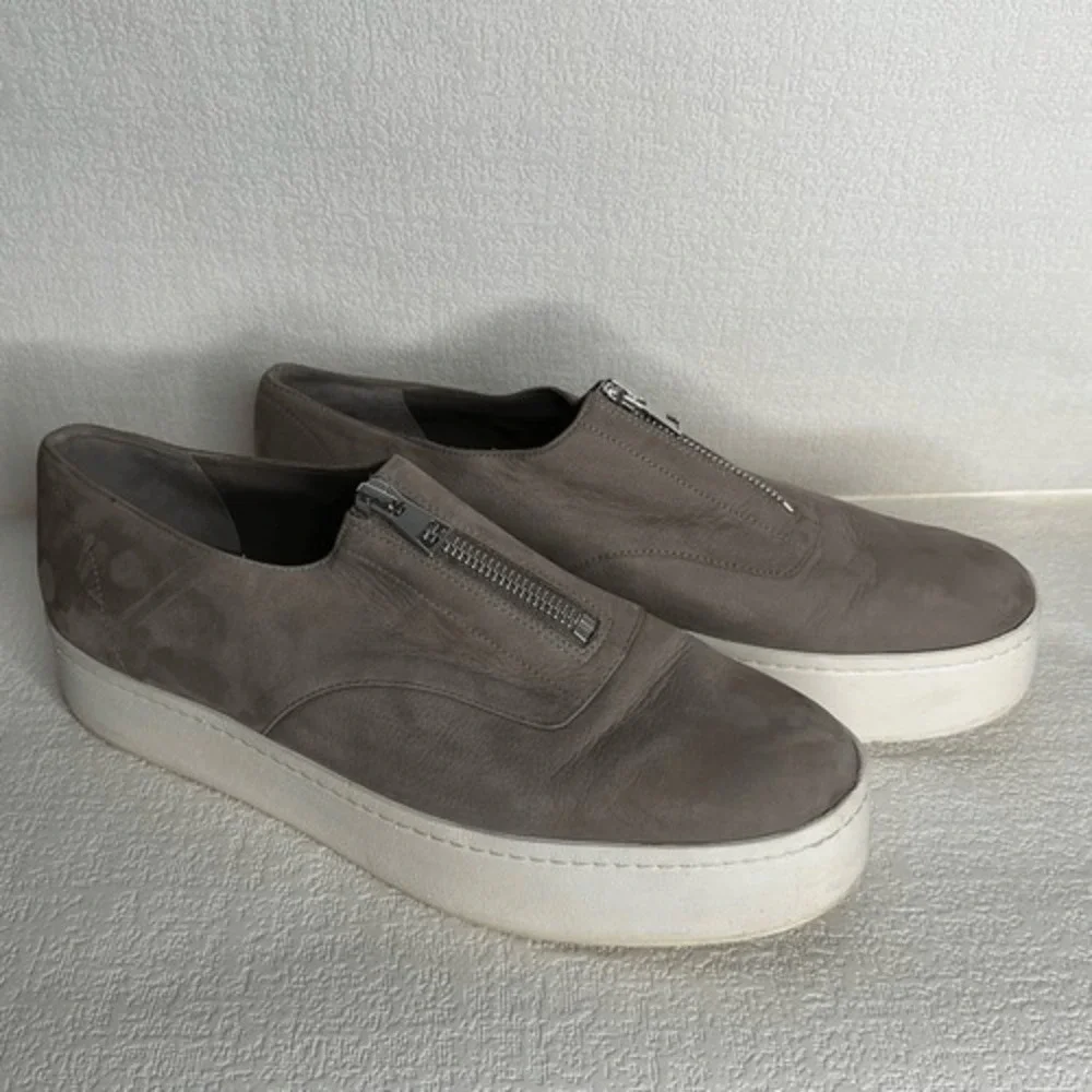 Vince Platform Sneakers Womens Size 9,5 ZipUp Gray Leather Slip On Shoes Neutral